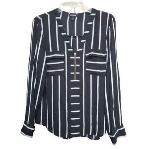 Express Black Striped Roll-Tab Sleeve Quarter Zip Blouse Size Large